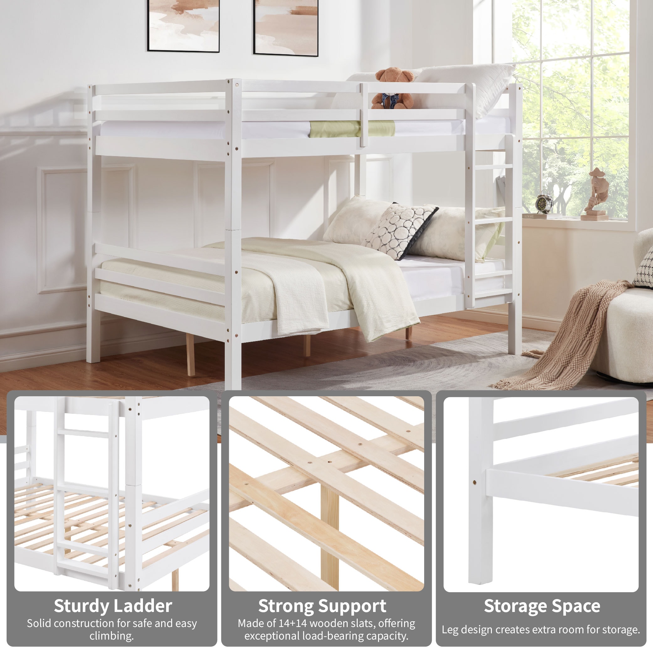Full over Full Bunk Bed with Thick Posts,Wooden Bunk Bed with High Guardrail and Ladder for Kids, Teens, Dorm Rooms, and Guest Rooms,No Box Spring Needed,White Full over Full Bunk Bed with Thick Posts,Wooden Bunk Bed with High Guardrail and Ladder for Kids, Teens, Dorm Rooms, and Guest Rooms,No Box Spring Needed,White